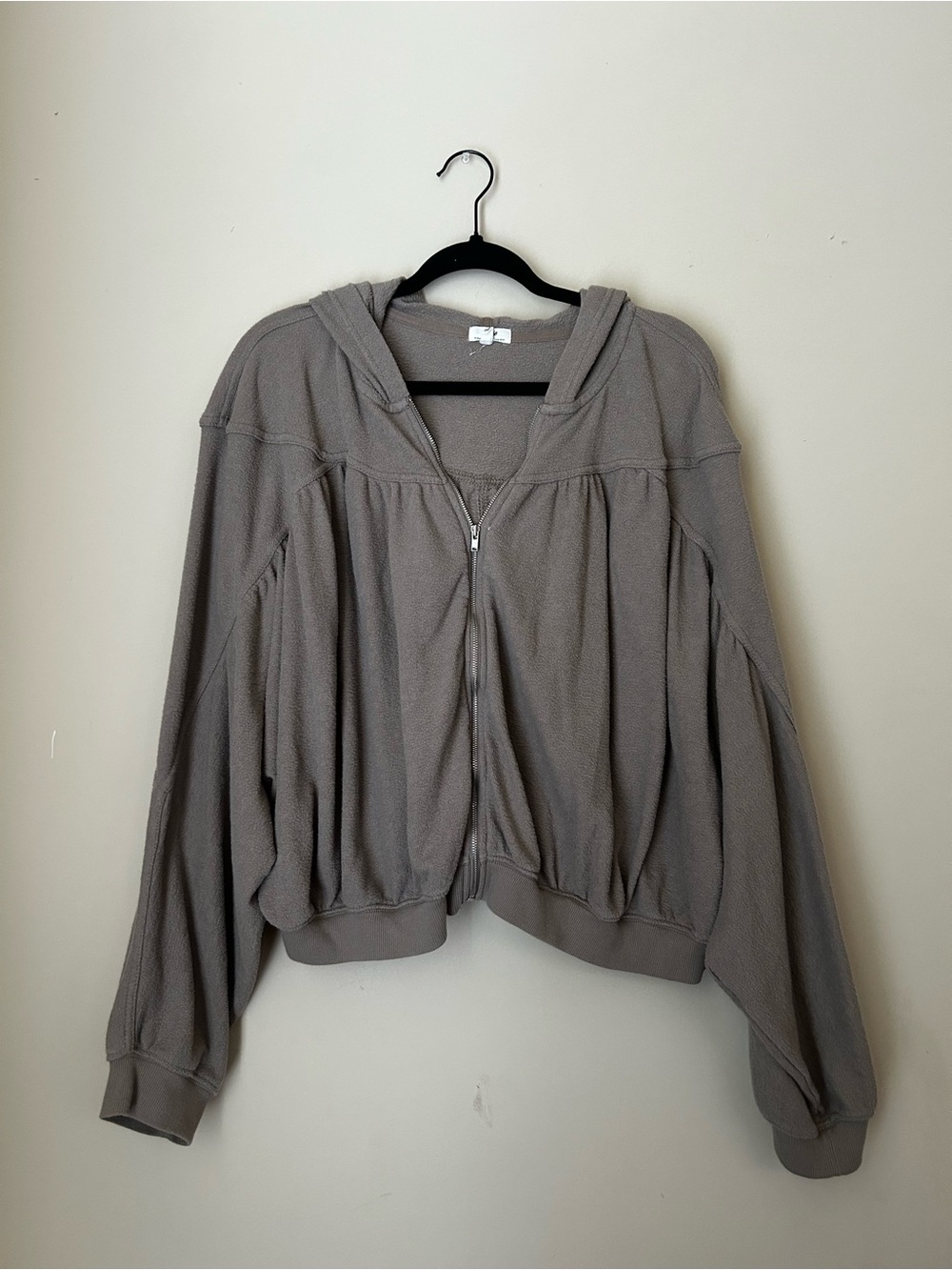 aerie Taupe Hooded Zip-Up Bomber Jacket